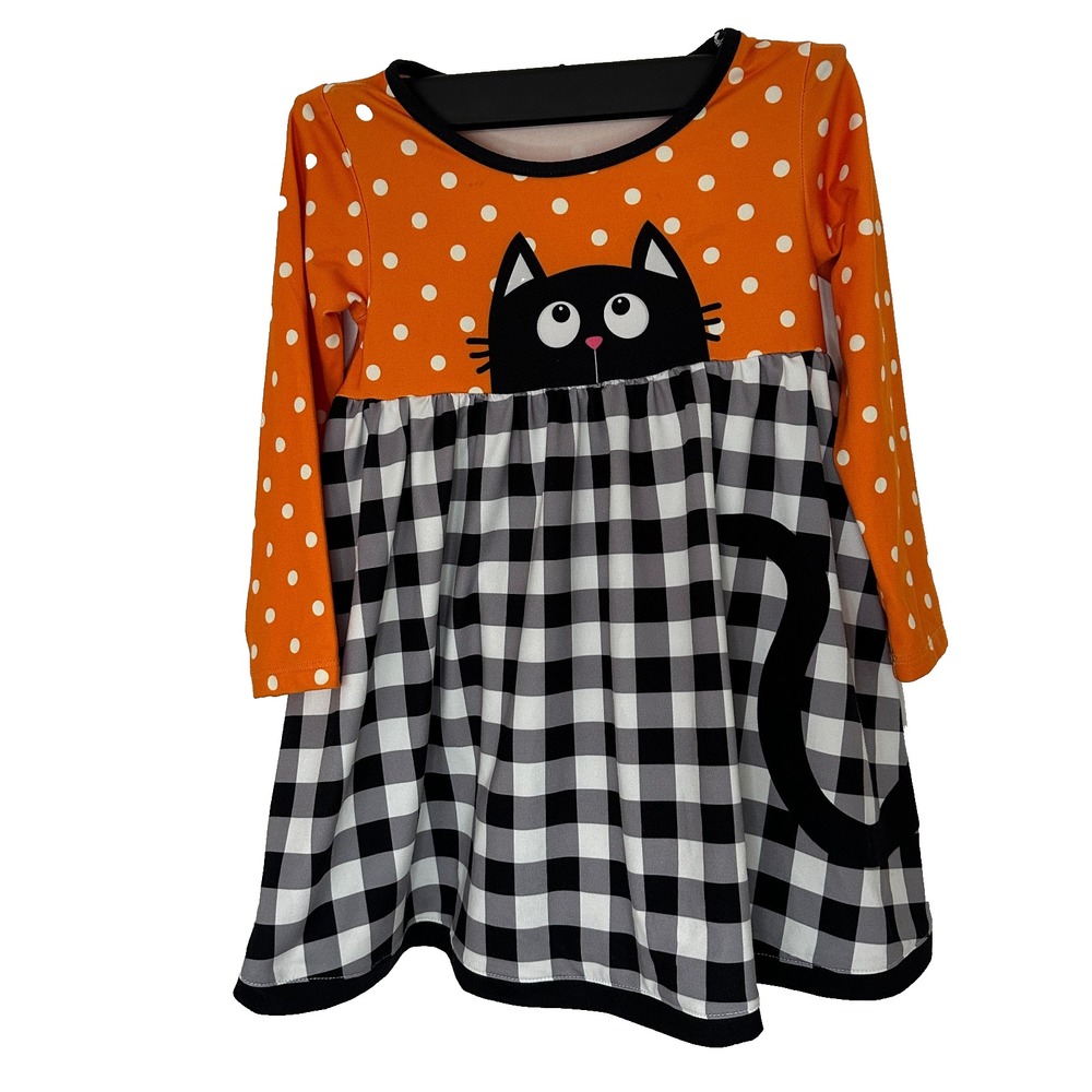 Millie Loves Lily Girls Black Cat Polka Dot Gingham Dress Size 3 Halloween